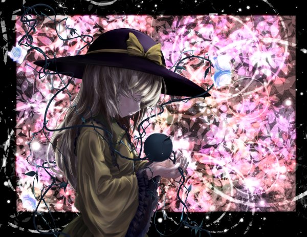 Anime picture 2400x1854 with touhou komeiji koishi tewisen (artist) single long hair highres blonde hair eyes closed tears eyes girl dress flower (flowers) bow hat rose (roses) blue rose thorns