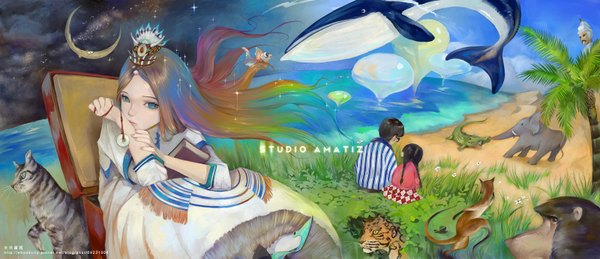 Anime picture 1600x693 with amatiz long hair looking at viewer short hair blue eyes black hair brown hair wide image multiple girls lips girl dress boy 2 girls animal glasses cat reptile whale monkey