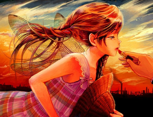 Anime picture 1050x800 with original nire long hair brown hair sky braid (braids) profile tears twin braids city evening sunset solo focus smoke girl boy hat wings hands lipstick tube