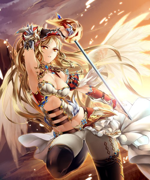 Anime picture 1000x1200 with original toi (4089597) single long hair tall image light erotic blonde hair yellow eyes cloud (clouds) angel wings girl gloves hair ornament weapon sword wings epee