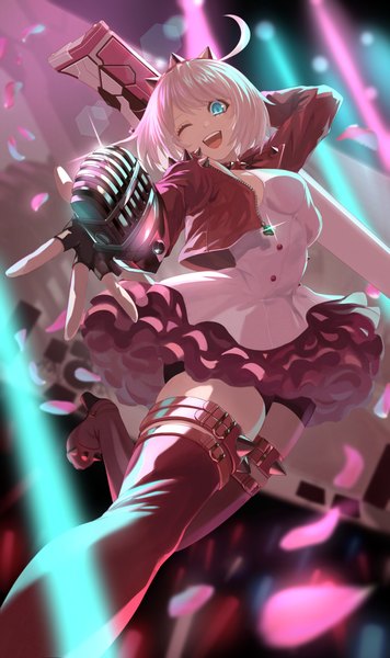 Anime picture 2428x4096 with guilty gear guilty gear strive elphelt valentine sach560070 single tall image looking at viewer fringe highres short hair open mouth smile standing silver hair ahoge one eye closed arm up aqua eyes open jacket from below