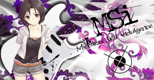Anime picture 2000x1043 with k.g single long hair highres black hair wide image black eyes casual girl shorts guitar