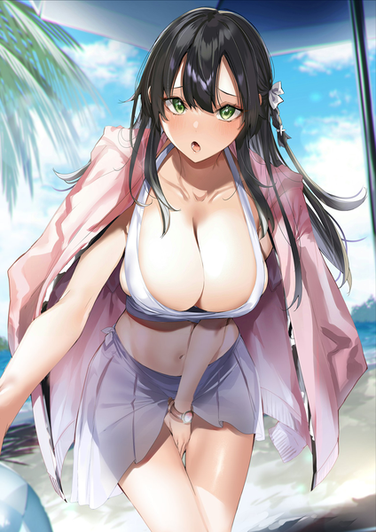 Anime picture 1304x1845 with ryoushin no shakkin hitotsuba kaede kakage single long hair tall image looking at viewer blush fringe breasts open mouth light erotic black hair hair between eyes large breasts standing green eyes sky cloud (clouds) :o