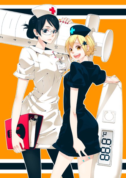 Anime picture 925x1308 with haikyuu!! production i.g shimizu kiyoko hitoka yachi tall image looking at viewer short hair open mouth black hair blonde hair standing multiple girls holding brown eyes yellow eyes nail polish looking back aqua eyes black eyes short sleeves