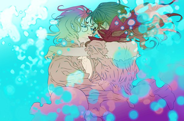 Anime picture 1024x677 with axis powers hetalia studio deen france (hetalia) seychelles (hetalia) npn long hair blue eyes blonde hair smile brown hair eyes closed wind open clothes open shirt couple hug underwater girl dress boy