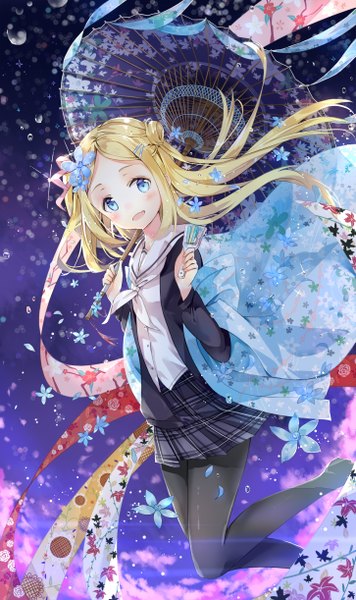 Anime picture 1450x2444 with hanayamata madhouse hana n. fontainestand hoshi ame single long hair tall image looking at viewer blush open mouth blue eyes blonde hair smile holding long sleeves traditional clothes head tilt japanese clothes pleated skirt hair flower