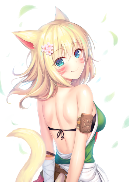 Anime picture 800x1130 with final fantasy final fantasy xiv square enix miqo'te tiphereth single long hair tall image looking at viewer blush fringe blue eyes simple background blonde hair smile hair between eyes white background animal ears tail animal tail