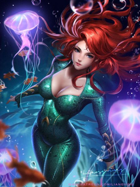Anime picture 900x1200 with dc comics mera (dc) liang xing single long hair tall image looking at viewer breasts blue eyes light erotic signed cleavage red hair from above realistic mole depth of field mole under eye lipstick floating hair