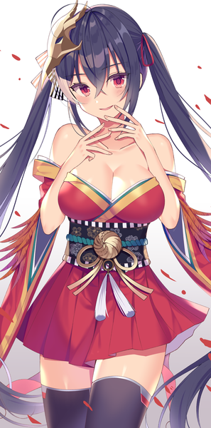 Anime picture 1159x2337 with azur lane taihou (azur lane) izumo neru single long hair tall image looking at viewer blush fringe breasts open mouth light erotic black hair simple background smile red eyes large breasts standing twintails bare shoulders