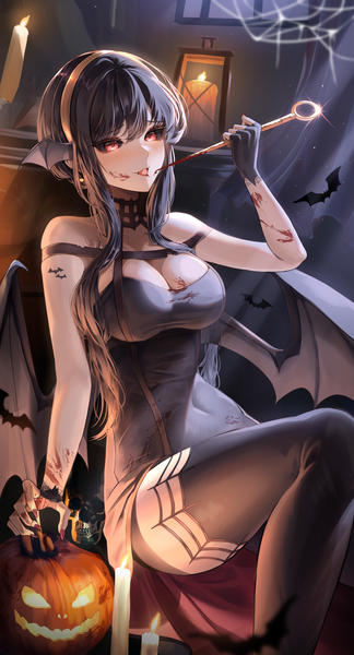 Anime picture 2403x4446 with spy x family yor briar yoonsol single long hair tall image looking at viewer blush fringe highres breasts light erotic black hair red eyes large breasts bare shoulders holding payot cleavage nail polish