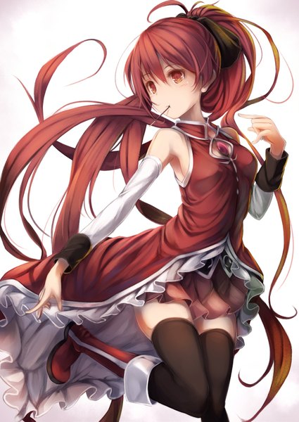 Anime picture 1254x1771 with mahou shoujo madoka magica shaft (studio) sakura kyouko fal maro single long hair tall image simple background red eyes white background red hair girl thighhighs skirt black thighhighs detached sleeves miniskirt boots sweets pocky