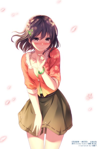 Anime picture 1200x1810 with original 1991 (blz) single tall image blush fringe short hair simple background brown hair white background brown eyes wind embarrassed tears girl skirt miniskirt petals bracelet buttons