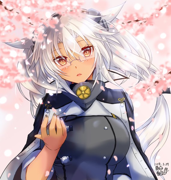 Anime picture 1156x1217 with kantai collection musashi super battleship mashiro yukiya 0yukiya0 single long hair tall image looking at viewer brown eyes silver hair nail polish head tilt wind cherry blossoms dated tan remodel (kantai collection) girl petals