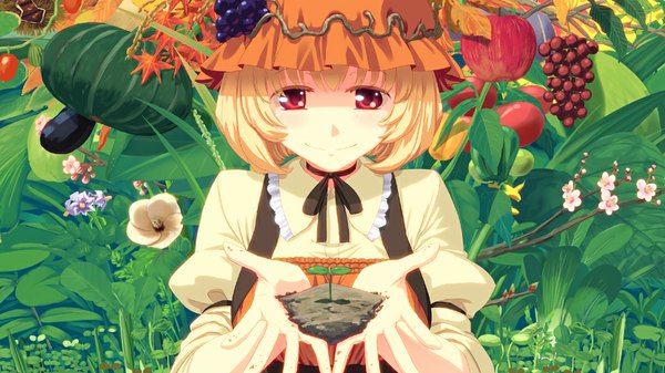 Anime picture 1024x576 with touhou aki minoriko takuzui single looking at viewer short hair blonde hair smile red eyes wide image girl dress plant (plants) fruit