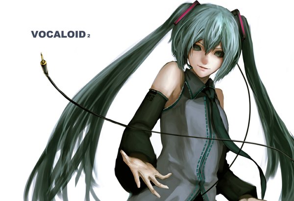 Anime picture 1000x686 with vocaloid hatsune miku asanuma single simple background white background twintails bare shoulders green eyes very long hair aqua hair girl detached sleeves wire (wires)