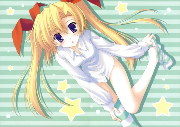 Anime picture 4950x3491 with tagme (copyright) nanao naru highres blonde hair purple eyes twintails absurdres shirt socks white shirt striped socks
