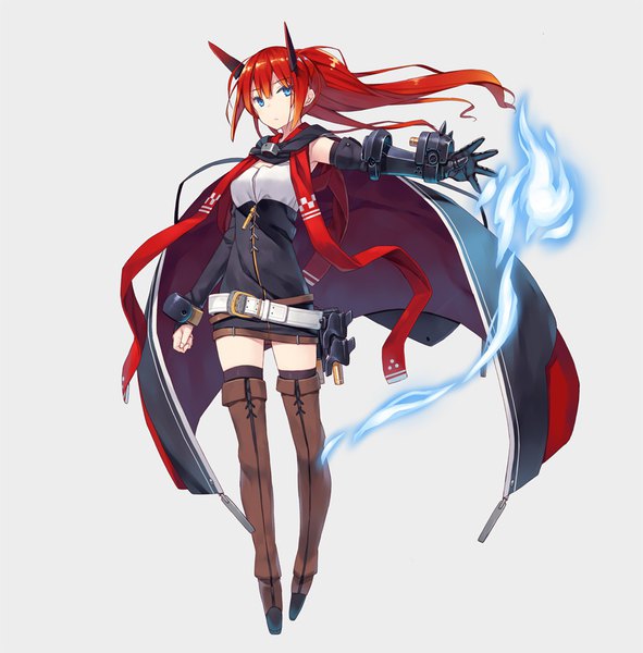 Anime picture 900x914 with original poco (asahi age) single long hair tall image looking at viewer fringe blue eyes hair between eyes standing payot full body red hair wind grey background zettai ryouiki outstretched arm mechanical arms girl thighhighs