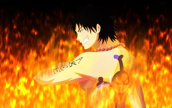 Anime picture 6000x3779 with one piece toei animation portgas d. ace piodanilo single highres short hair black hair smile looking away absurdres profile black eyes tattoo coloring boy necklace fire skull