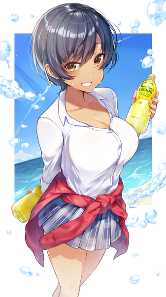Anime picture 562x1000 with original c.c. lemon ringozaka mariko single tall image looking at viewer short hair breasts black hair smile large breasts holding brown eyes sky cleavage pleated skirt grin plaid skirt horizon open collar