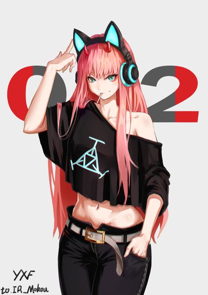 Anime picture 4960x7014 with darling in the franxx studio trigger zero two (darling in the franxx) yxf single long hair tall image looking at viewer blush fringe highres simple background hair between eyes standing signed payot pink hair absurdres horn (horns) aqua eyes