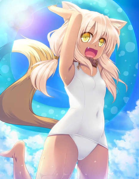 Anime picture 1400x1800 with original soranopin single long hair tall image open mouth light erotic blonde hair animal ears yellow eyes cloud (clouds) animal tail teeth fang (fangs) girl swimsuit collar swim ring