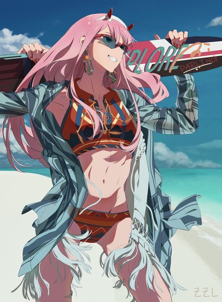 Anime picture 3500x4761 with darling in the franxx studio trigger zero two (darling in the franxx) user wssc4878 single long hair tall image highres light erotic smile standing holding looking away pink hair absurdres sky cloud (clouds) outdoors nail polish horn (horns)