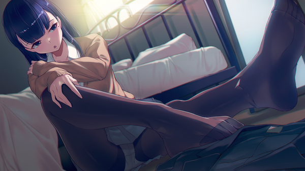 Anime picture 1920x1080 with miru tights nakabeni yua 40hara single long hair fringe highres open mouth light erotic black hair wide image sitting looking away bent knee (knees) indoors black eyes mole :o dutch angle pantyshot