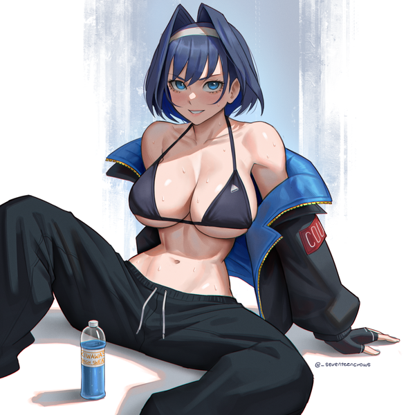Anime picture 2144x2144 with virtual youtuber hololive hololive english ouro kronii seventeencrows single highres short hair breasts blue eyes light erotic smile large breasts sitting bare shoulders signed blue hair off shoulder arm support open jacket