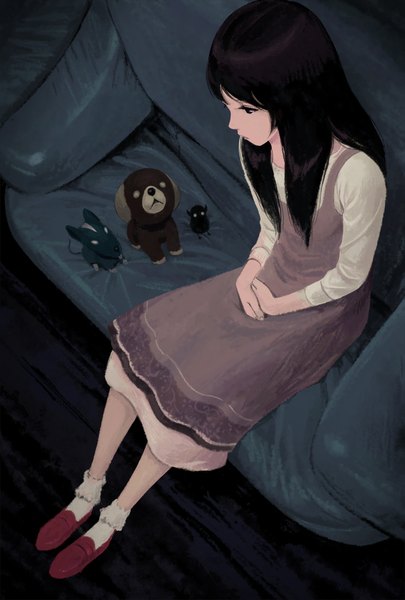 Anime picture 1351x2000 with original sakkan single long hair tall image fringe black hair sitting looking away from above black eyes girl dress animal socks white socks couch dog