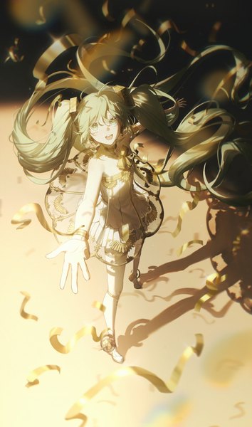 Anime picture 3607x6122 with vocaloid miku symphony (vocaloid) hatsune miku gramophone miku konya karasue single tall image looking at viewer fringe highres open mouth hair between eyes twintails green eyes absurdres full body very long hair :d green hair from above