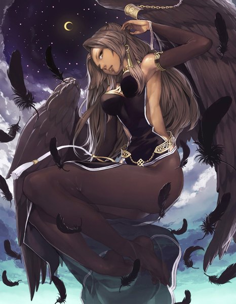 Anime picture 777x1000 with mabinogi neamhain toro single long hair tall image light erotic brown hair brown eyes night dark skin crescent girl dress detached sleeves pantyhose wings black pantyhose feather (feathers)