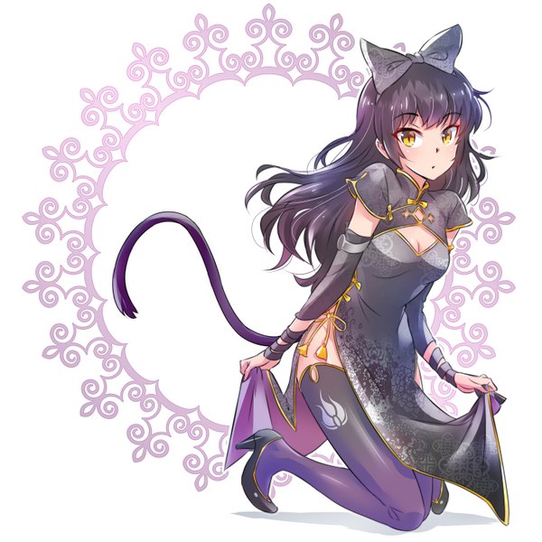 Anime picture 6000x6000 with rwby rooster teeth blake belladonna iesupa single long hair looking at viewer highres light erotic black hair yellow eyes absurdres full body tail traditional clothes parted lips animal tail cat tail kneeling chinese clothes