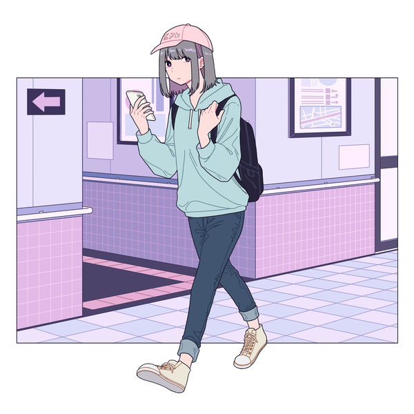 Anime picture 3000x3000 with original shi oo single looking at viewer highres short hair full body grey hair border outside border walking casual girl shoes hood mobile phone hoodie smartphone sneakers backpack