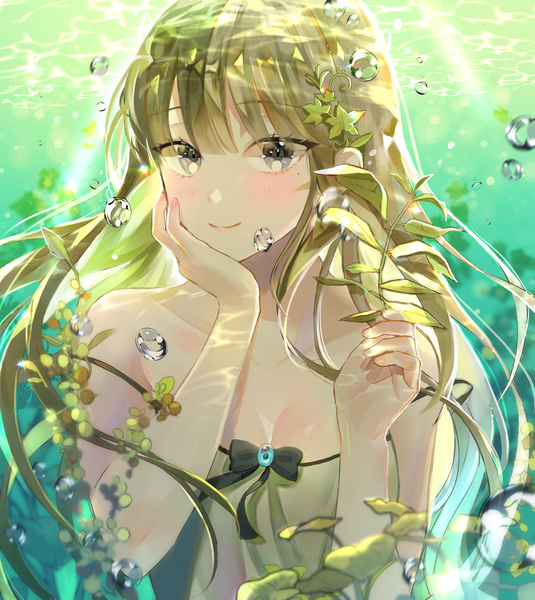 Anime picture 1500x1680 with original ppyono single long hair tall image looking at viewer blush smile brown hair cleavage upper body mole grey eyes mole under eye strap slip underwater hand on cheek girl plant (plants) bubble (bubbles)