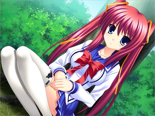Anime picture 1024x768 with green strawberry single long hair blue eyes sitting twintails game cg red hair girl thighhighs uniform bow ribbon (ribbons) hair ribbon school uniform white thighhighs serafuku