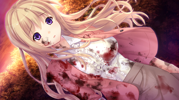 Anime picture 1280x720 with houkago no futekikakusha honnami shiori single long hair looking at viewer blonde hair wide image purple eyes game cg girl dress blood