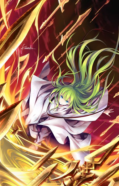Anime picture 578x900 with fate (series) fate/strange fake enkidu (fate) kousaki rui single long hair tall image looking at viewer fringe blue eyes smile signed sky traditional clothes green hair floating hair magic spread arms red sky boy