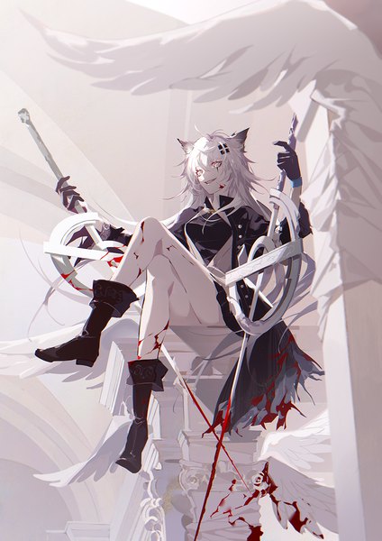 Anime picture 1000x1415 with arknights lappland (arknights) satsuya single long hair tall image looking at viewer fringe hair between eyes sitting animal ears full body white hair bare legs crossed legs scar girl gloves black gloves blood