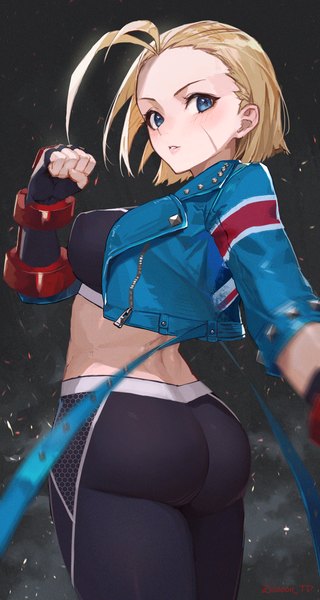 Anime picture 1888x3541 with street fighter street fighter 6 capcom cammy white sooon single tall image looking at viewer highres short hair blue eyes light erotic blonde hair signed ahoge ass looking back midriff twitter username scar