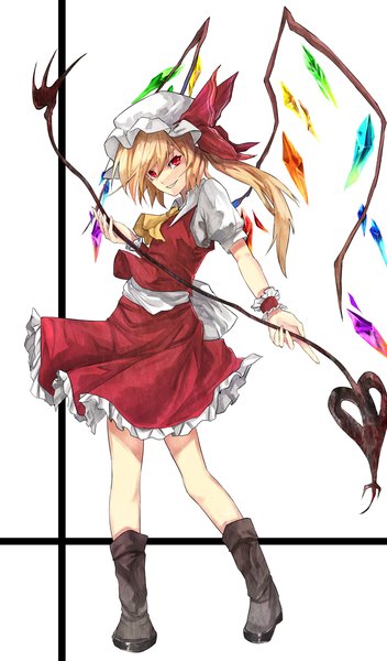 Anime picture 1000x1703 with touhou flandre scarlet eisuto single long hair tall image looking at viewer short hair blonde hair simple background smile red eyes white background one side up asymmetrical hair girl skirt weapon wings boots