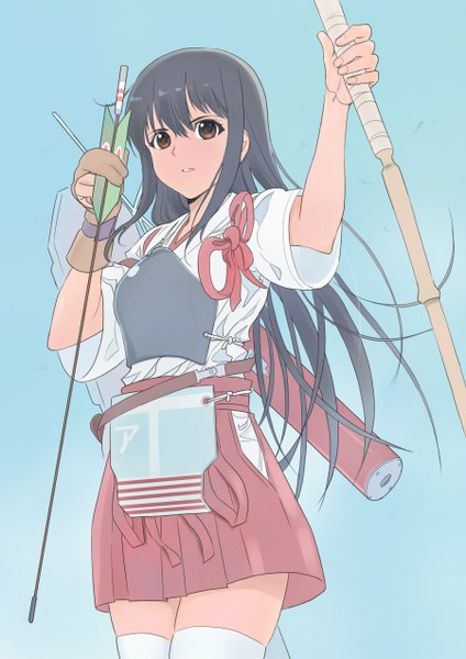 Anime picture 900x1273 with kantai collection akagi aircraft carrier kawasaki kazuhiko single long hair tall image fringe black hair simple background brown eyes looking away blue background girl thighhighs weapon white thighhighs armor bow (weapon) arrow (arrows)