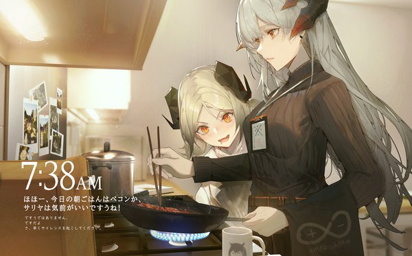 Anime picture 2000x1244 with arknights saria (arknights) silence (arknights) ifrit (arknights) kuroduki (pieat) long hair highres short hair open mouth blonde hair wide image multiple girls silver hair indoors :d horn (horns) orange eyes text cooking time
