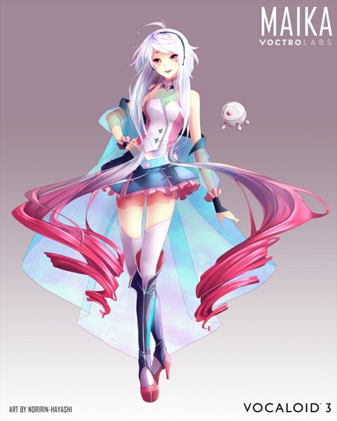 Anime picture 800x1000 with vocaloid maika noririn-hayashi single tall image fringe breasts open mouth smile very long hair multicolored hair inscription two-tone hair midriff hand on hip girl thighhighs skirt miniskirt thigh boots