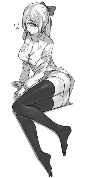 Anime picture 500x1000 with saiste single long hair tall image blush breasts light erotic simple background white background white hair grey hair grey eyes pantyshot monochrome flying sweatdrops girl thighhighs underwear panties bow