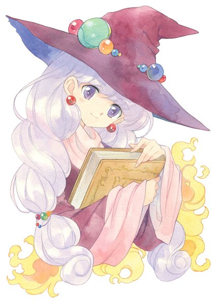 Anime picture 578x800 with monster maker rufia (monster maker) agahari single long hair tall image fringe simple background smile white background purple eyes looking away purple hair traditional media watercolor (medium) girl hair ornament hat earrings book (books)