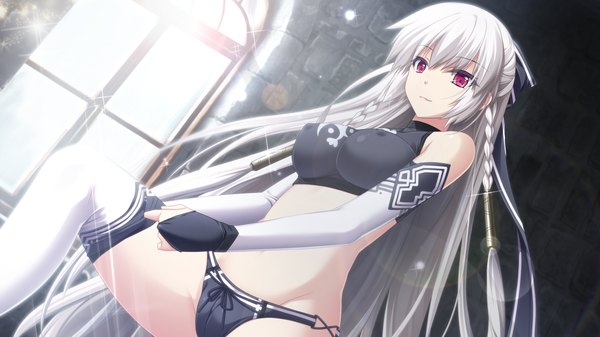 Anime picture 1280x720 with kami no rhapsody eushully mistoria (kami no rhapsody) single long hair breasts light erotic red eyes wide image game cg white hair erect nipples underwear only covered nipples girl thighhighs navel underwear panties bow