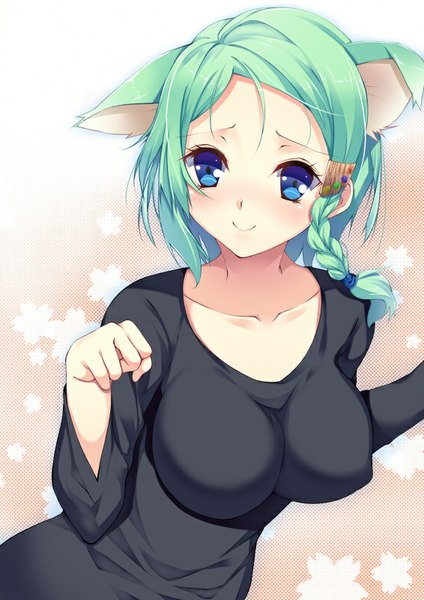 Anime picture 566x800 with original yappen single long hair tall image blush breasts blue eyes light erotic smile large breasts animal ears braid (braids) green hair cat ears cat girl single braid close-up girl hair ornament