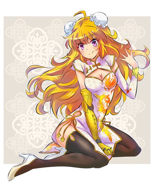 Anime picture 1684x2000 with rwby rooster teeth yang xiao long iesupa single long hair tall image looking at viewer breasts light erotic simple background blonde hair smile large breasts sitting purple eyes full body ahoge traditional clothes hair bun (hair buns)