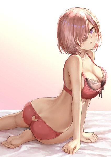 Anime picture 1302x1842 with fate (series) fate/grand order mash kyrielight mashuu (neko no oyashiro) single tall image looking at viewer blush fringe short hair breasts light erotic large breasts sitting pink hair cleavage purple hair ass parted lips looking back