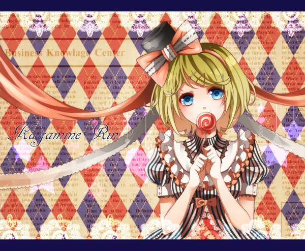 Anime picture 1500x1237 with vocaloid kagamine rin nou single short hair blue eyes blonde hair character names striped rhombus girl dress bow ribbon (ribbons) hair bow hat lollipop